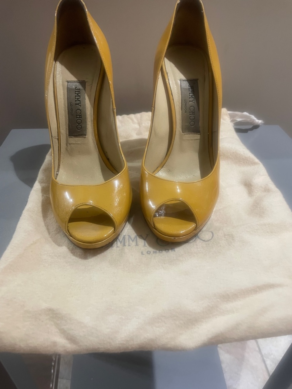 Jimmy Choo Mustard Patent Leather Peep-Toe Pumps